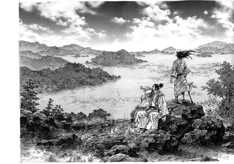 Sumi Vagabond Manga Panel: Two Figures on a Rocky Cliff Overlooking a Vast Lake and Distant Mountains HD wallpaper