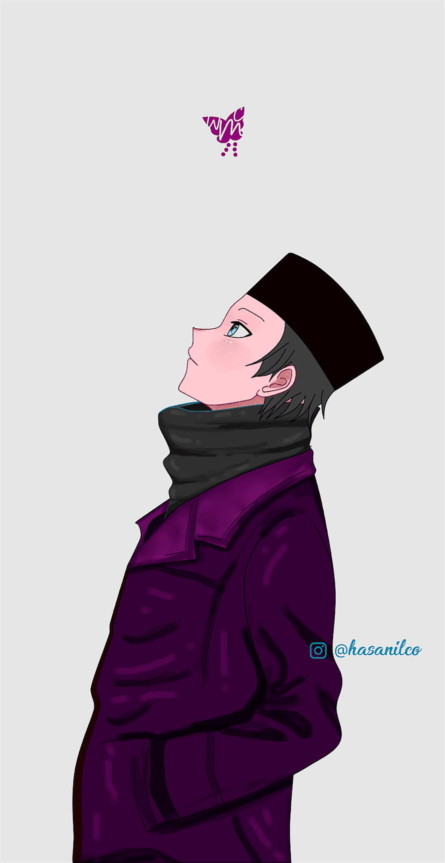 Anime Boy in Purple Coat and Black Cap Looking Up at Butterfly HD phone wallpaper