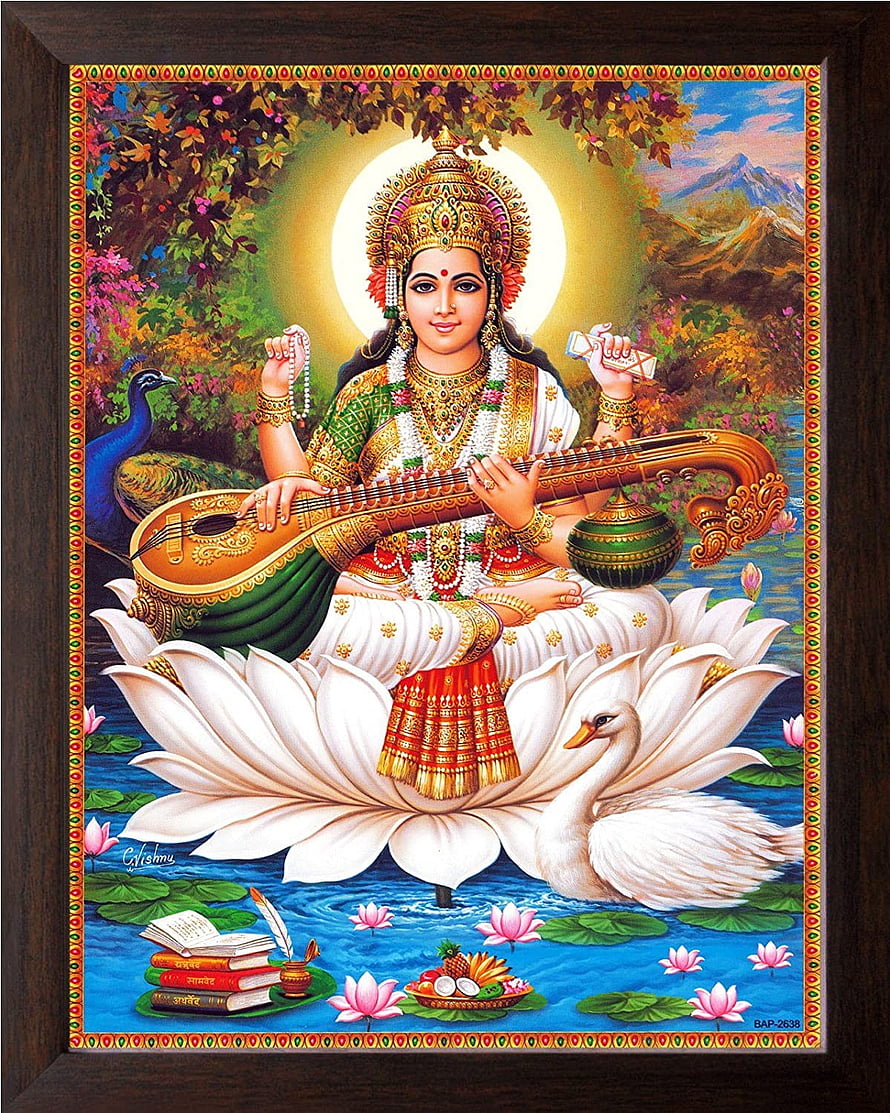 Goddess Saraswati Playing Veena on Lotus with Swan and Sacred Books HD phone wallpaper