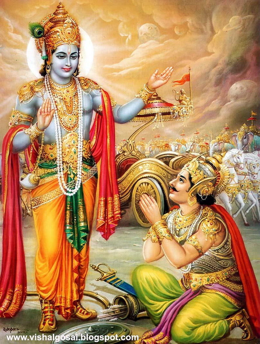Lord Krishna Blessing Arjuna on the Battlefield of Kurukshetra from the Mahabharata HD phone wallpaper