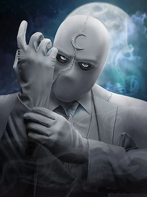 Moon Knight digital art featuring the white mask, stitched seam, and crescent emblem against a full moon HD phone wallpaper