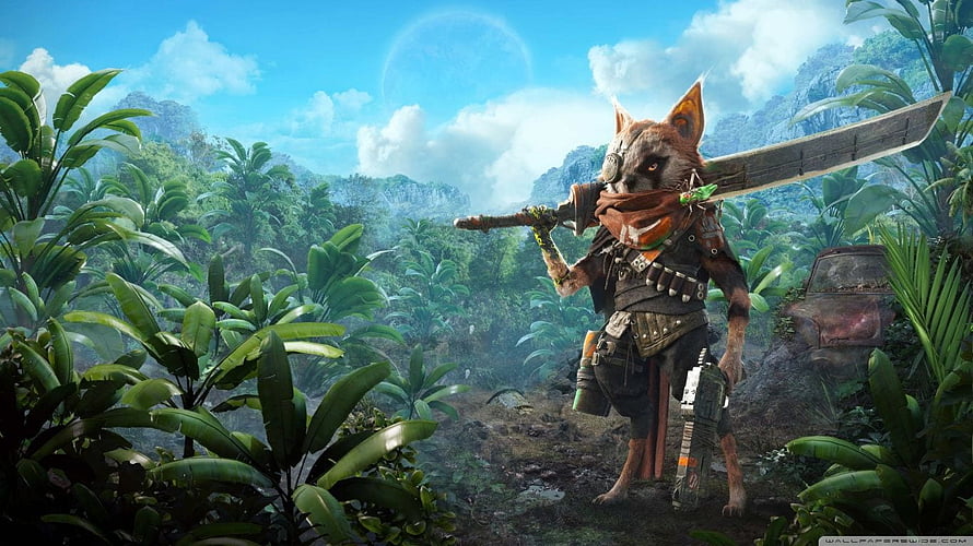 Anthropomorphic Wolf Warrior with Cleaver in Lush Tropical Jungle HD wallpaper
