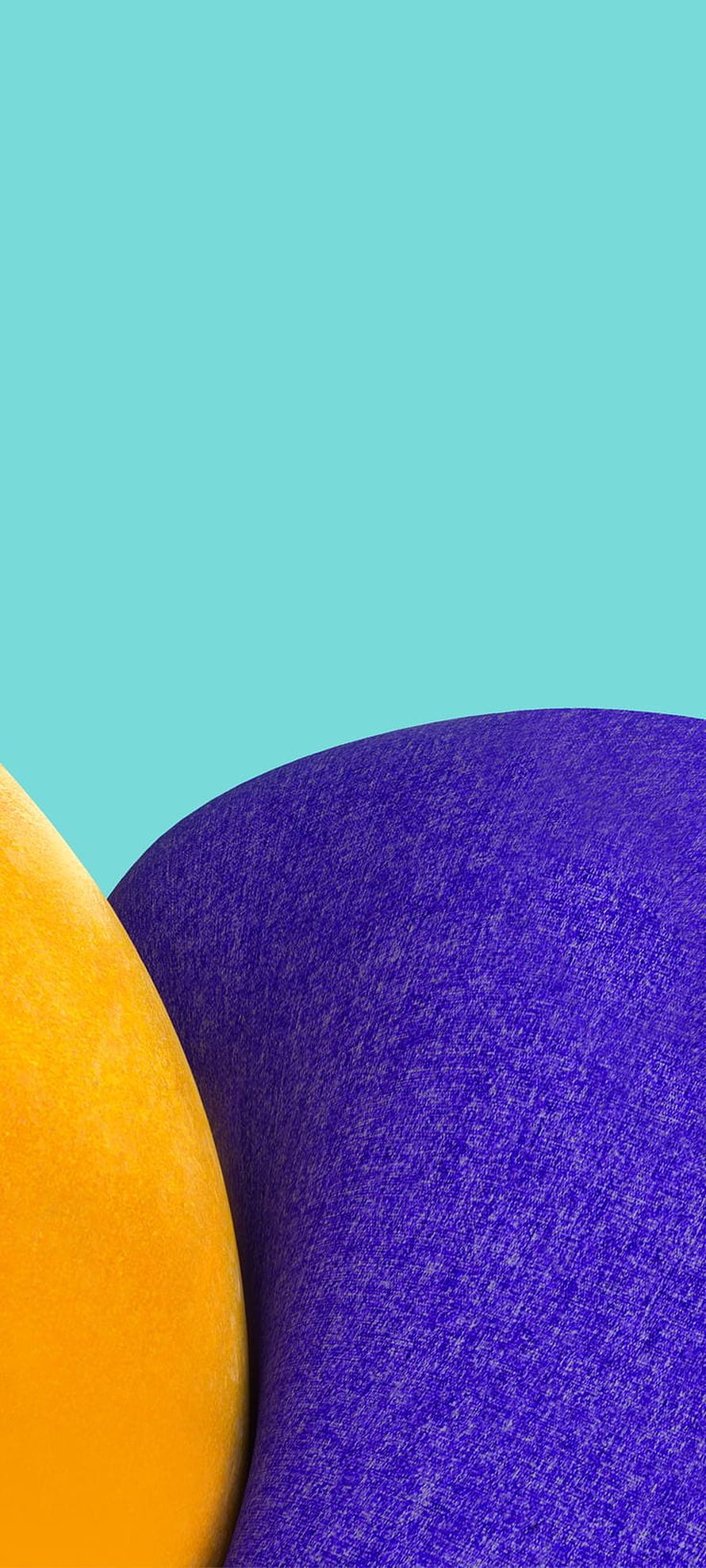 Minimalist Abstract Wallpaper With Textured Orange And Purple Spheres On Teal Background HD phone wallpaper