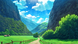 Serene Anime Valley Landscape With Green Pastures, Winding Path, And Sunlit Mountains HD wallpaper
