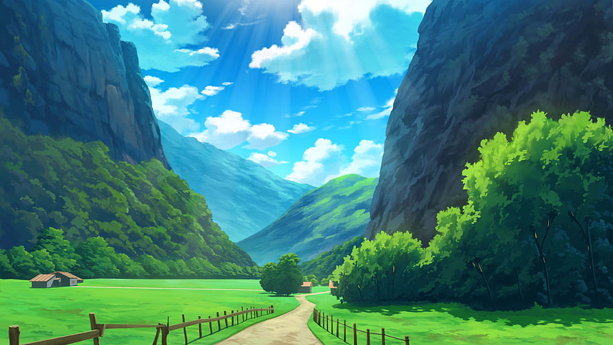 Serene Anime Valley Landscape With Green Pastures, Winding Path, And Sunlit Mountains HD wallpaper