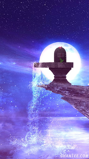 Shiva Lingam on Cliff with Waterfall Under Full Moon and Starry Night Sky HD phone wallpaper