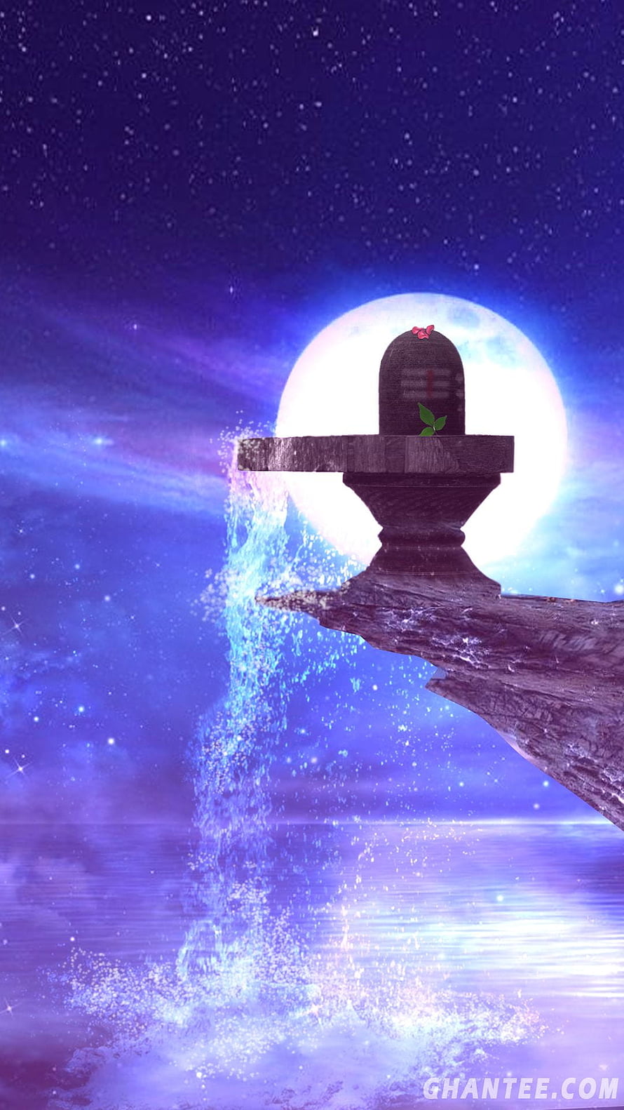 Shiva Lingam on Cliff with Waterfall Under Full Moon and Starry Night Sky HD phone wallpaper