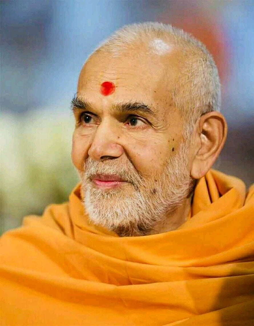 Mahant Swami Maharaj Portrait in Saffron Robe with Red Tilak HD phone wallpaper