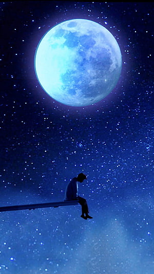 Solitary figure gazing at a luminous full moon in a deep blue starry night sky HD phone wallpaper