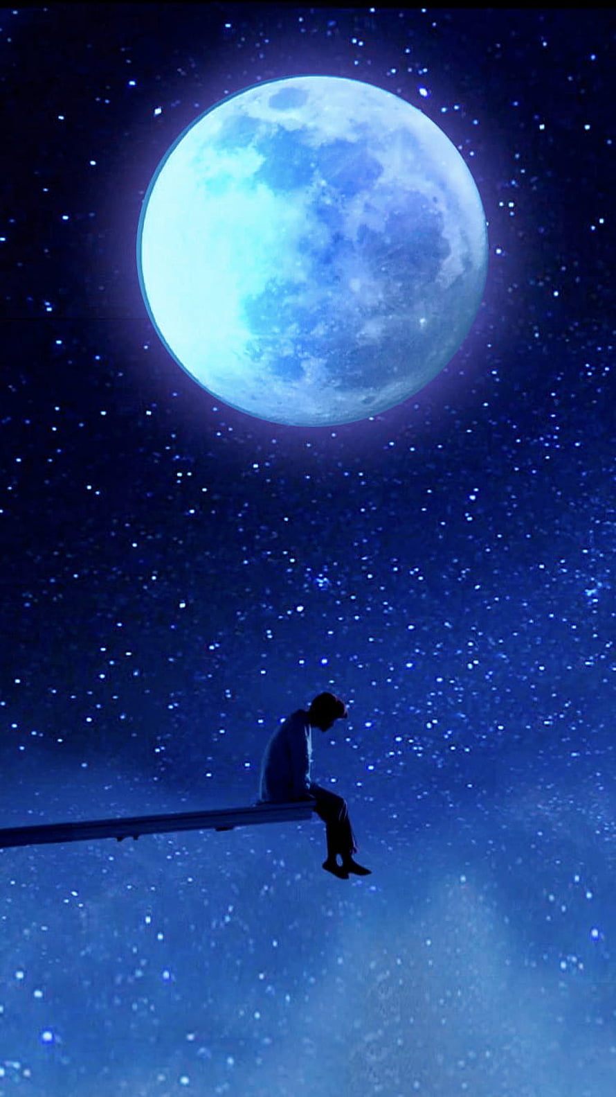Solitary figure gazing at a luminous full moon in a deep blue starry night sky HD phone wallpaper