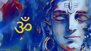 Artistic Portrait of Lord Shiva with Om Symbol in Blue and Orange Hues HD wallpaper