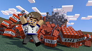 Minecraft Steve Character Surrounded by Exploding TNT Blocks in Blocky Landscape HD wallpaper