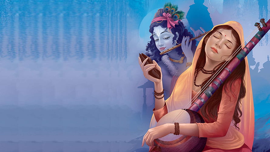 Meera and Krishna Spiritual Illustration with Musical Instruments HD wallpaper