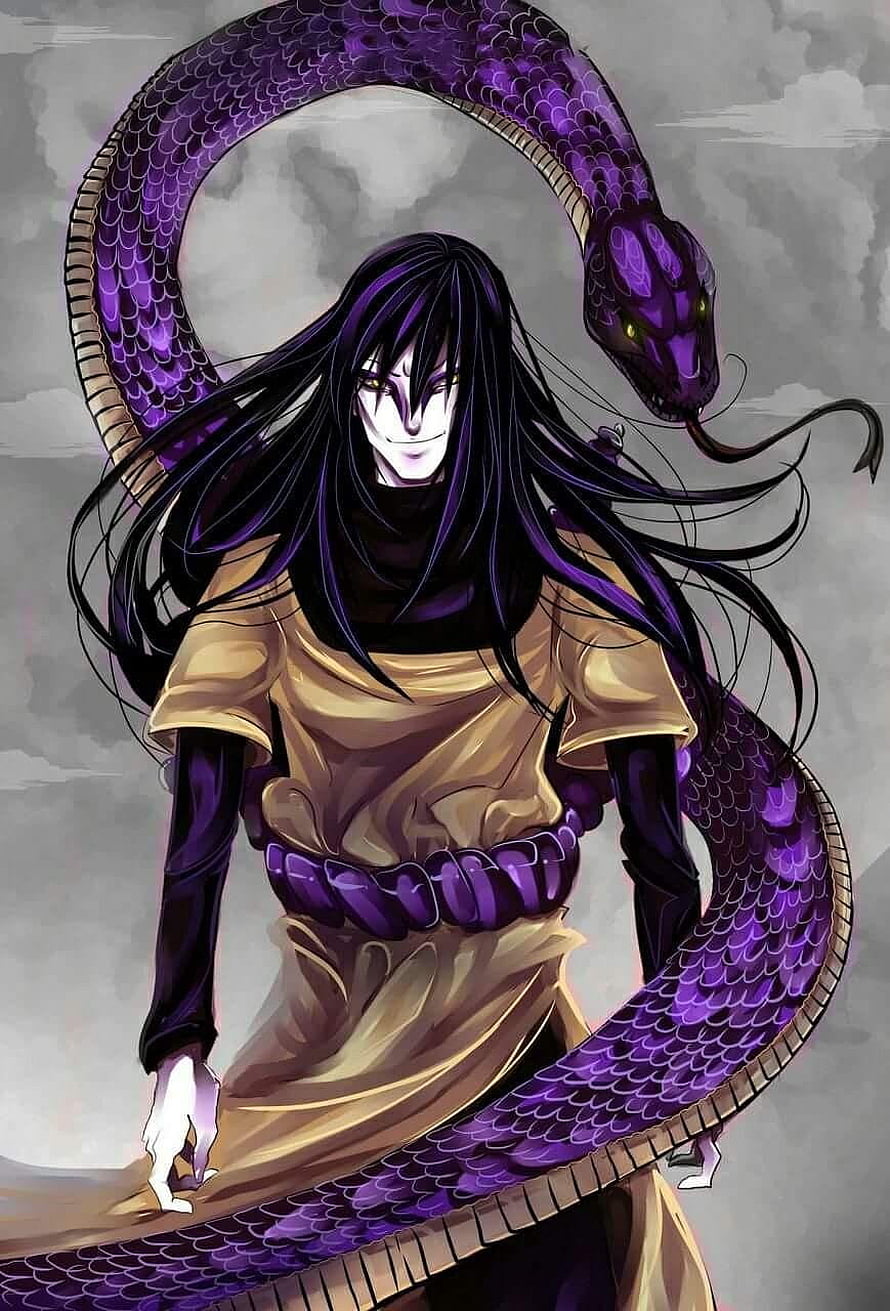 Orochimaru from Naruto with a massive purple serpent coiled behind him in a dark anime illustration HD phone wallpaper