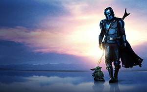 The Mandalorian and Grogu Walking at Sunset Over a Cloud Sea HD wallpaper