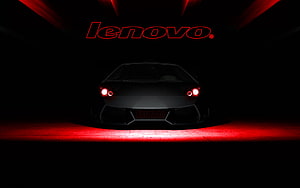 Lenovo Red Neon Logo Above Dark Sports Car With Glowing Headlights HD wallpaper