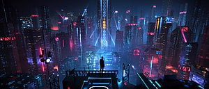 Cyberpunk Cityscape with Neon Lights and Silhouette Figure HD wallpaper