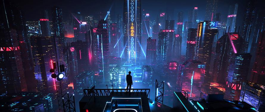 Cyberpunk Cityscape with Neon Lights and Silhouette Figure HD wallpaper
