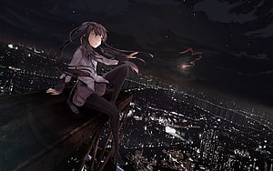 Anime Girl Sitting on Rooftop Overlooking City at Night HD wallpaper