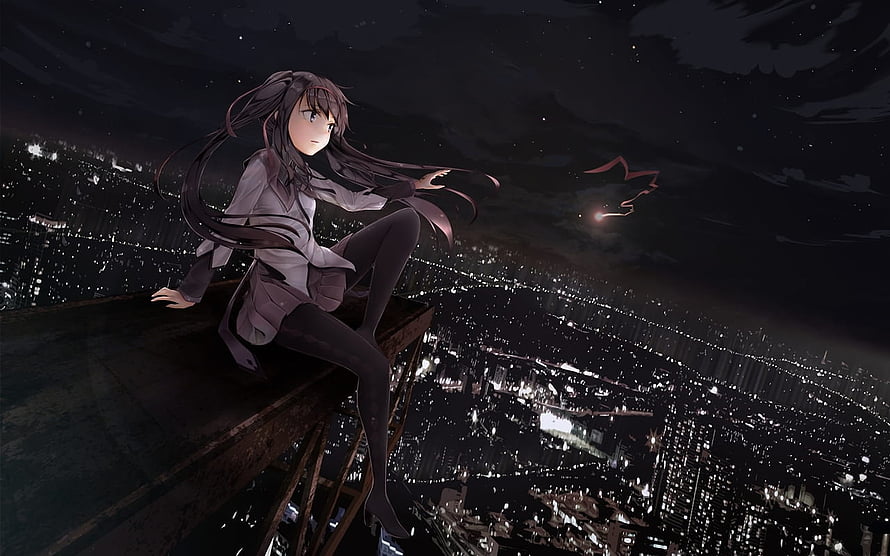 Anime Girl Sitting on Rooftop Overlooking City at Night HD wallpaper