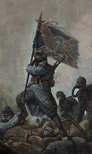 Death Korps of Krieg Soldiers Holding Imperial Flag in Trench Warfare HD phone wallpaper