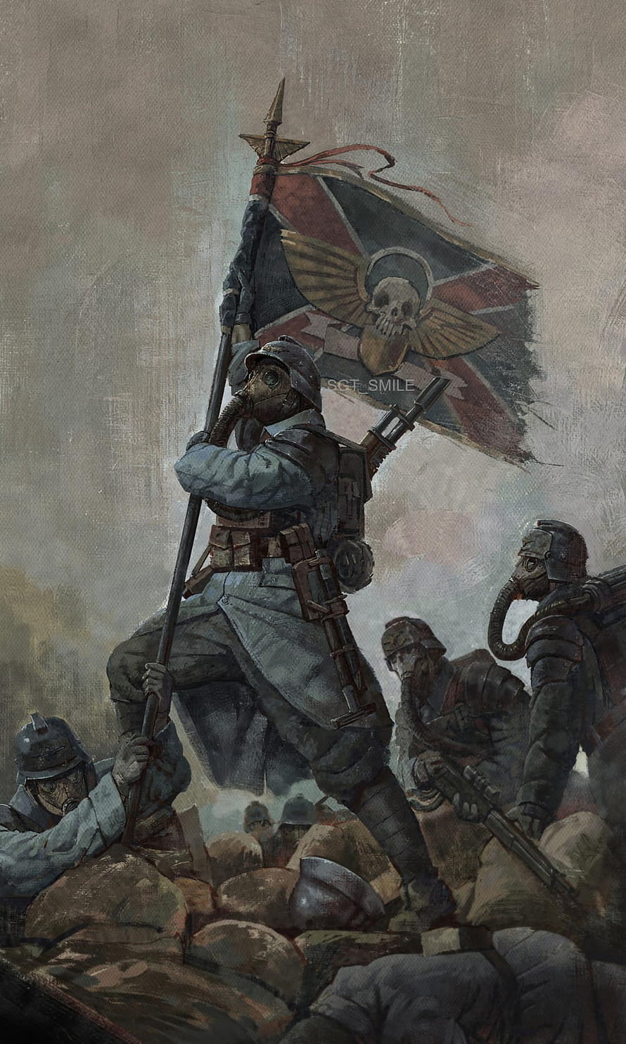 Death Korps of Krieg Soldiers Holding Imperial Flag in Trench Warfare HD phone wallpaper