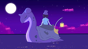 Lantern-lit night ride on a gentle Pokémon under a full moon HD wallpaper