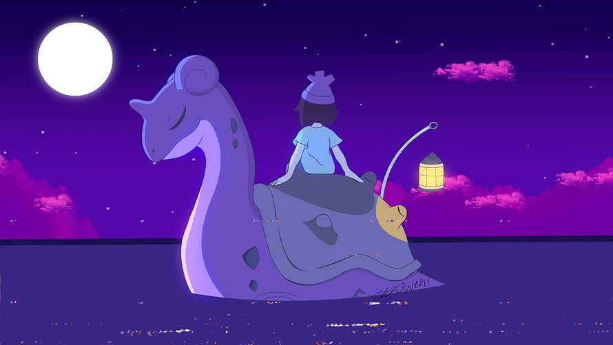 Lantern-lit night ride on a gentle Pokémon under a full moon HD wallpaper