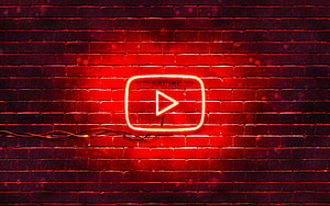 Glowing YouTube Play Button Neon Sign on Dark Red Brick Wall HD wallpaper