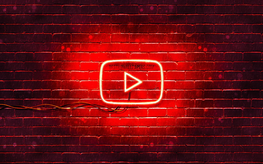 Glowing YouTube Play Button Neon Sign on Dark Red Brick Wall HD wallpaper