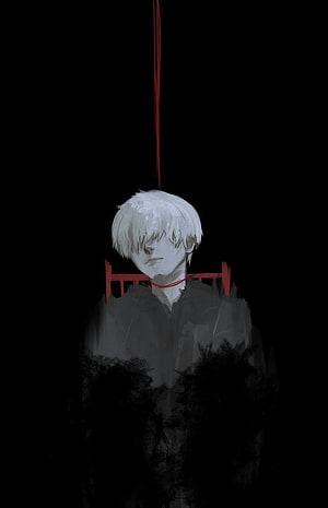 Dark Anime Boy With White Hair And Red String Around Neck HD phone wallpaper