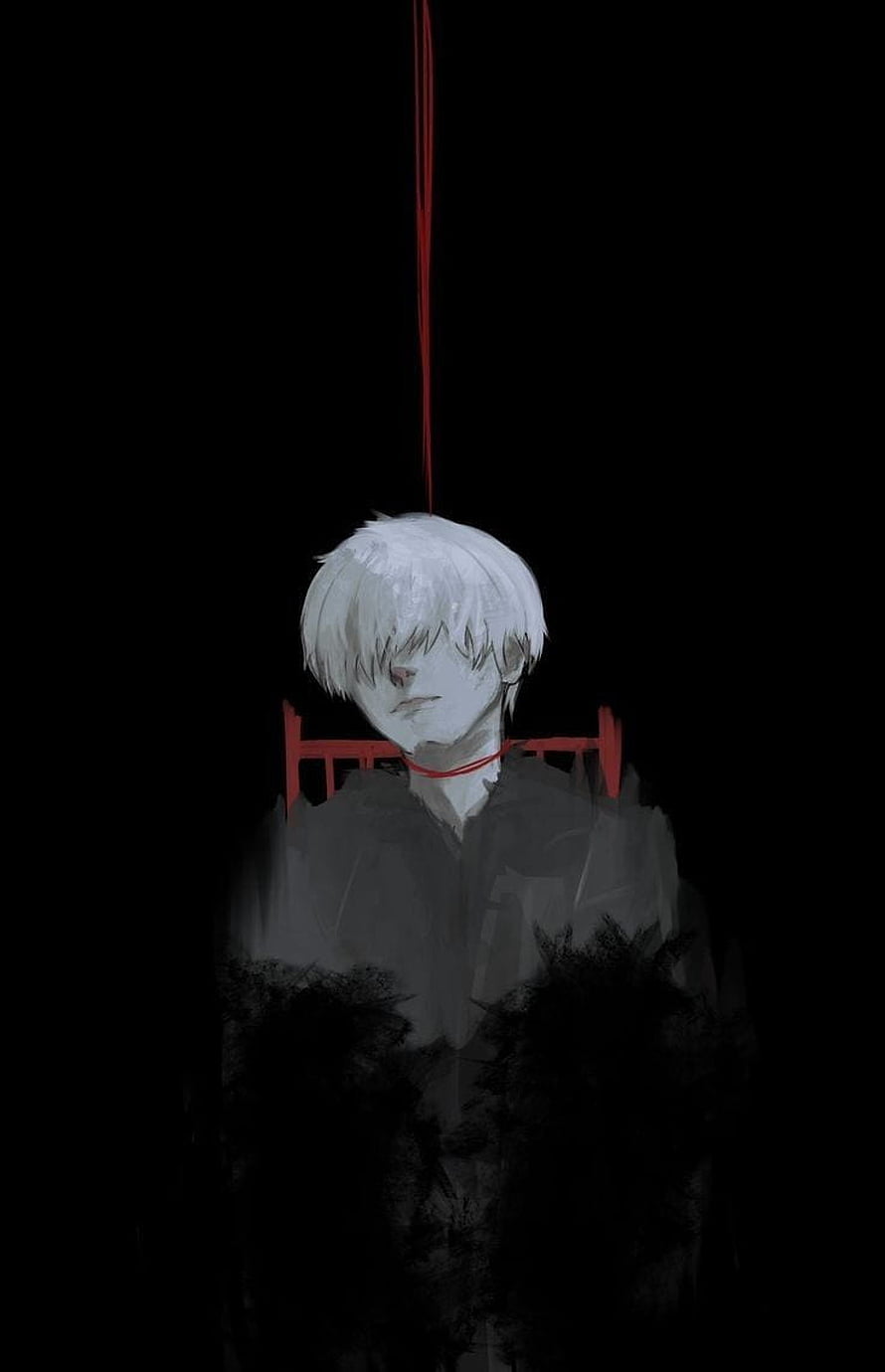 Dark Anime Boy With White Hair And Red String Around Neck HD phone wallpaper