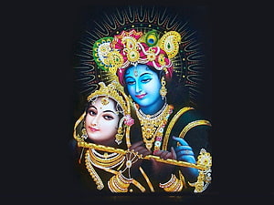 Radha Krishna Divine Portrait with Flute and Peacock Feather Crown HD wallpaper