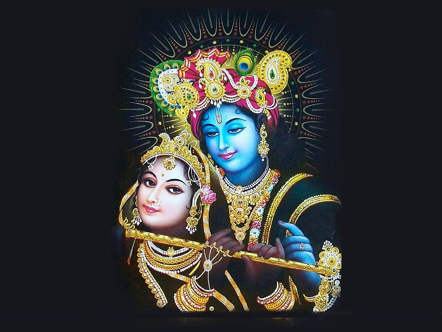 Radha Krishna Divine Portrait with Flute and Peacock Feather Crown HD wallpaper