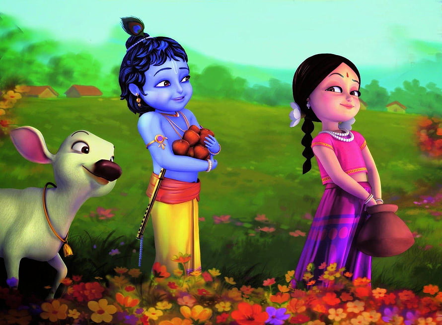 Animated Krishna and Radha with a Calf in a Colorful Flower Field HD wallpaper