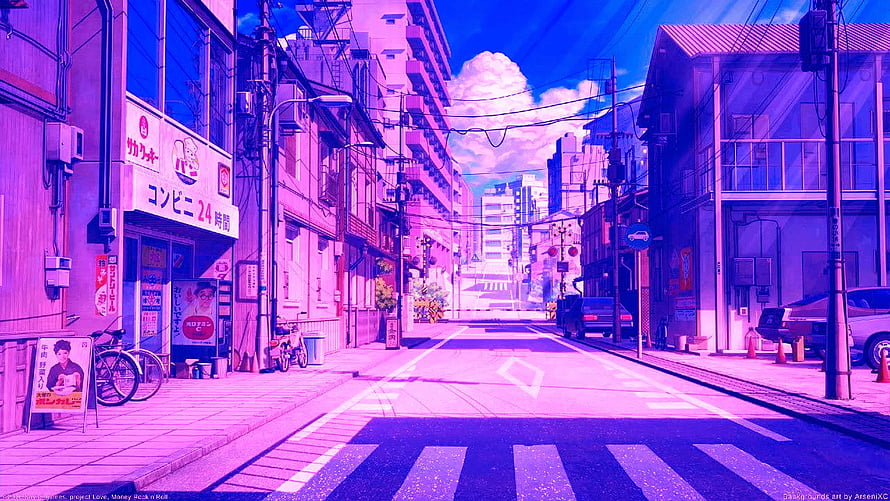 Vibrant Japanese Street Scene in Anime Style with City Pop Aesthetic HD wallpaper