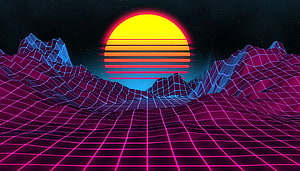 Neon Grid Landscape With Retro Synthwave Sunset And Wireframe Mountains HD wallpaper
