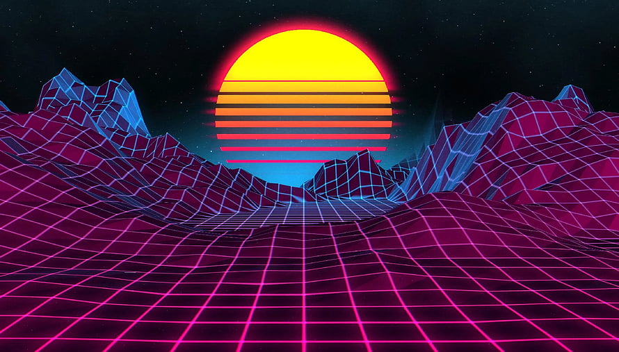 Neon Grid Landscape With Retro Synthwave Sunset And Wireframe Mountains HD wallpaper