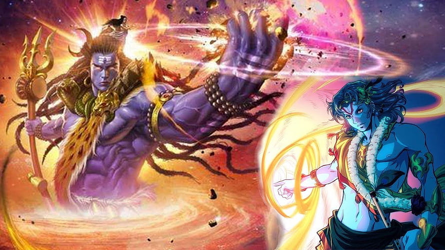 Shiva and Krishna Divine Battle Fantasy Artwork HD wallpaper