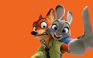 Nick Wilde and Judy Hopps from Zootopia in a playful animated scene against a vibrant orange background HD wallpaper