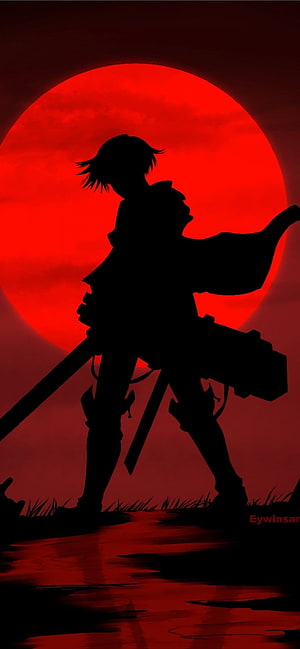 Levi Ackermann Silhouette Standing Before a Massive Blood Red Moon HD phone wallpaper