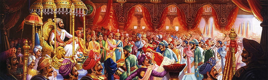 Vibrant Indian Royal Court Scene With King On Golden Throne And Colorful Courtiers HD wallpaper