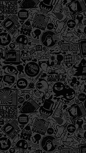 Dark Doodle Pattern Wallpaper with Villain Quotes and Cartoon Icons HD phone wallpaper