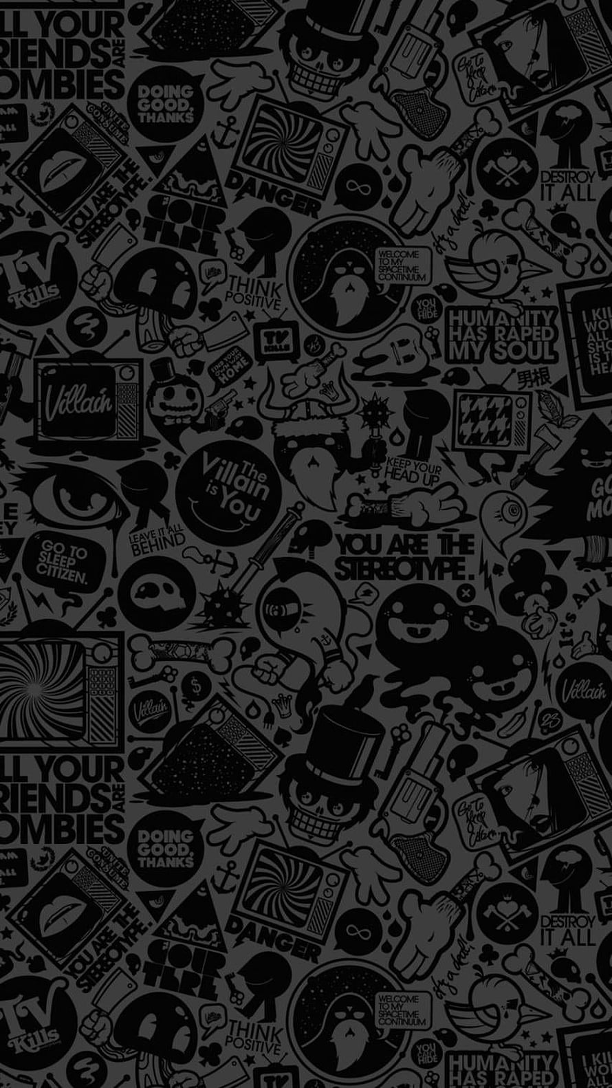 Dark Doodle Pattern Wallpaper with Villain Quotes and Cartoon Icons HD phone wallpaper