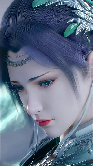 Close-up portrait of a beautiful female character with blue hair and green leaf accessories in a fantasy style HD phone wallpaper