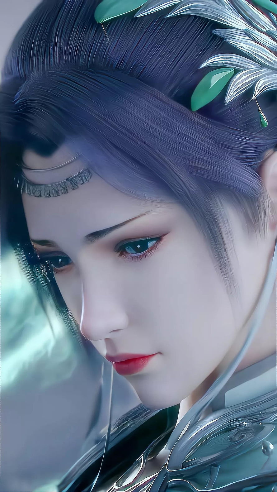 Close-up portrait of a beautiful female character with blue hair and green leaf accessories in a fantasy style HD phone wallpaper