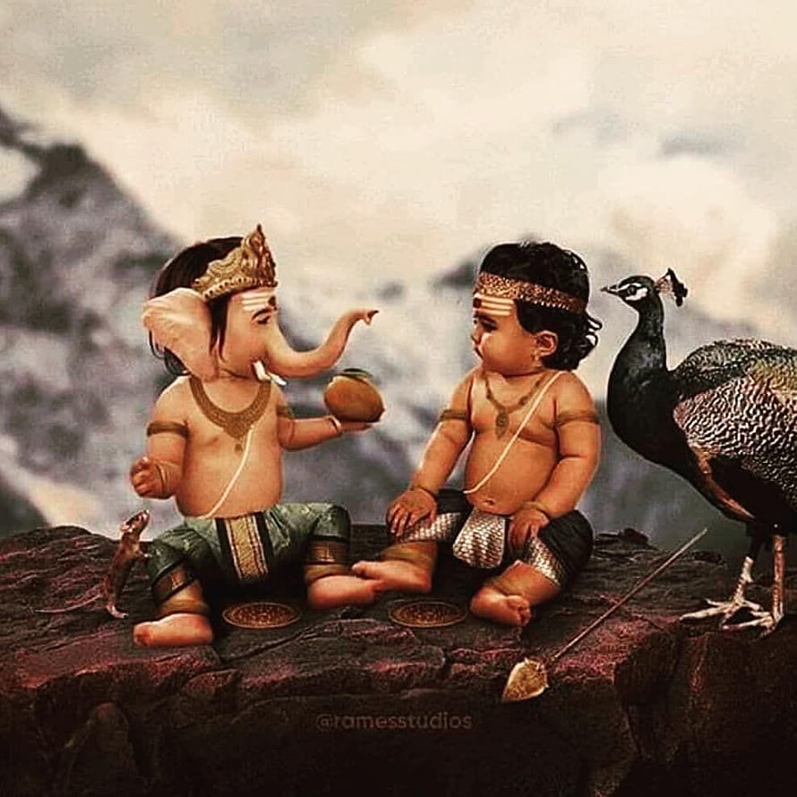Child Murugan and Ganesha Sitting on a Rock with a Peacock in a Mythological Scene HD phone wallpaper