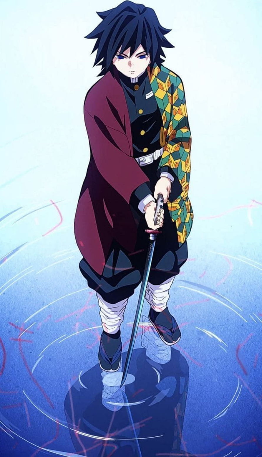 Tomioka Giyu from Demon Slayer in a dynamic anime pose holding a katana with a geometric haori HD phone wallpaper