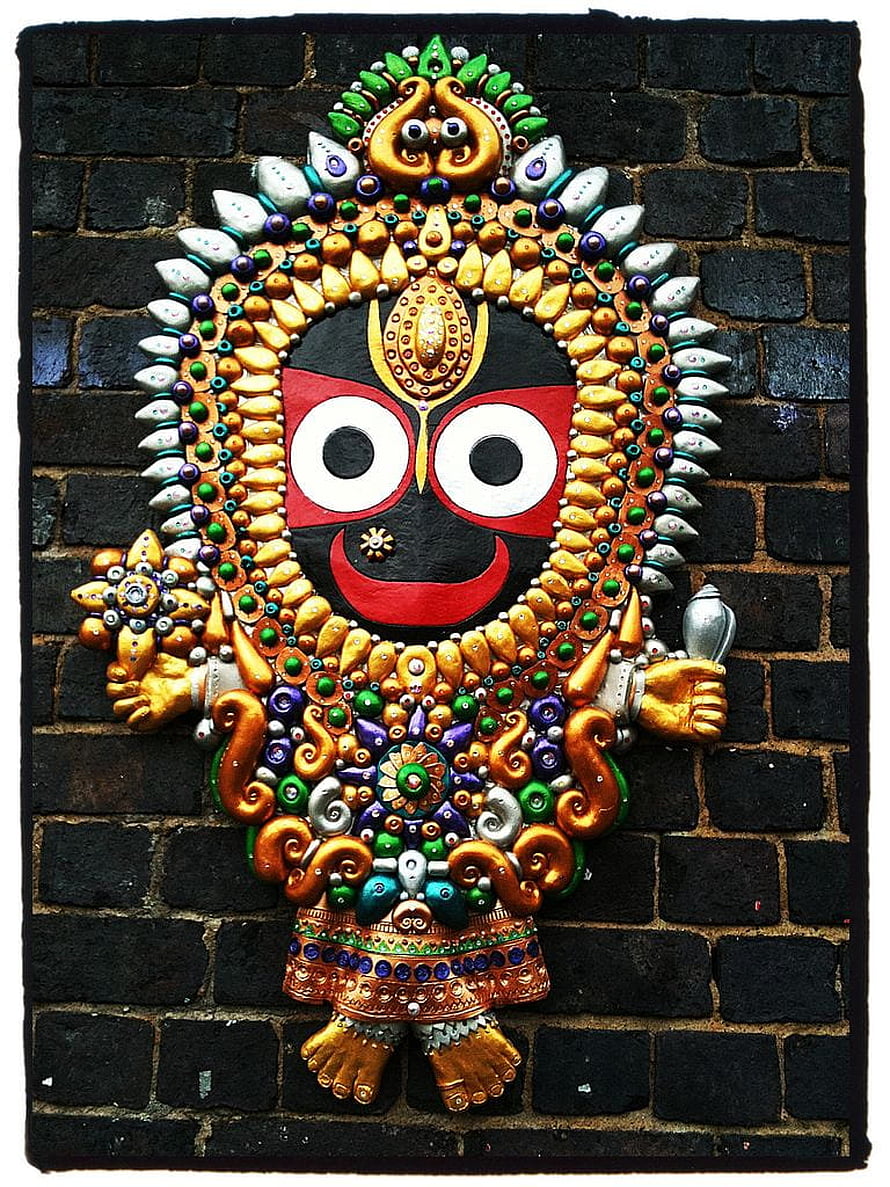 Jagannath Temple Mural Crafted From Recycled Bottle Caps and Metal on Dark Brick Wall HD phone wallpaper