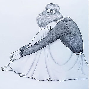 Solitary Girl in Pencil Sketch: A Melancholic Seated Figure with Bun Hair HD phone wallpaper